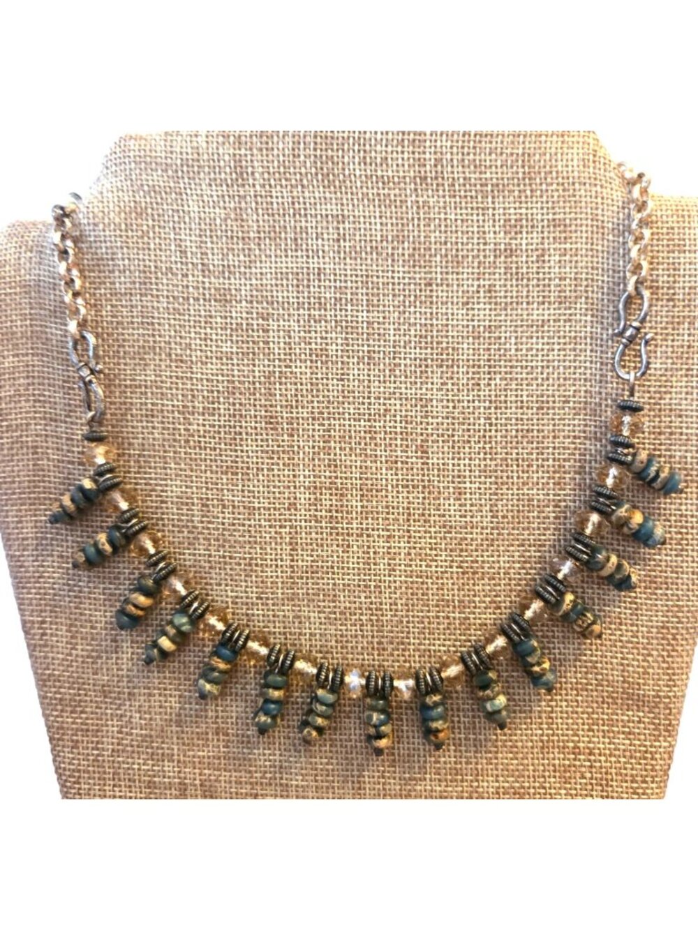 Teal and Stone Beaded Necklace 19" Handmade Unique Closure Cleopatra